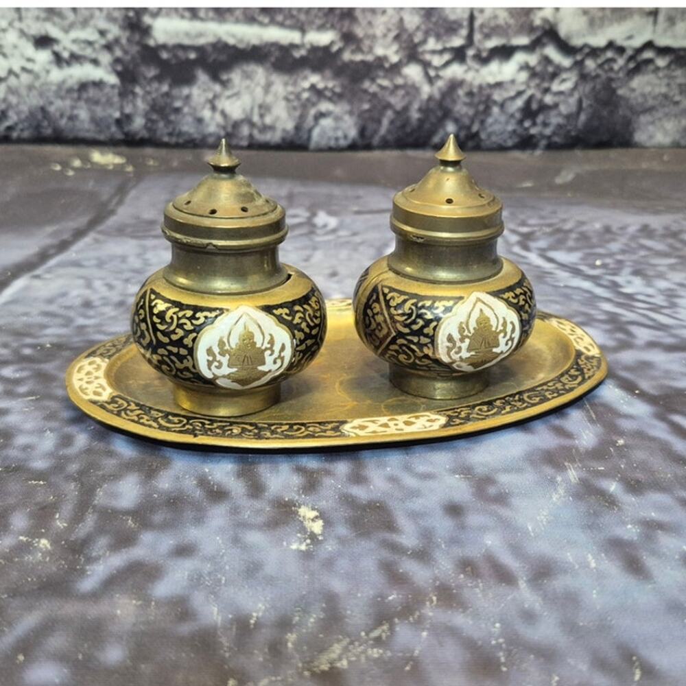 Vintage Brass Blue Enamel Salt Pepper Shakers and Holder Tray Set